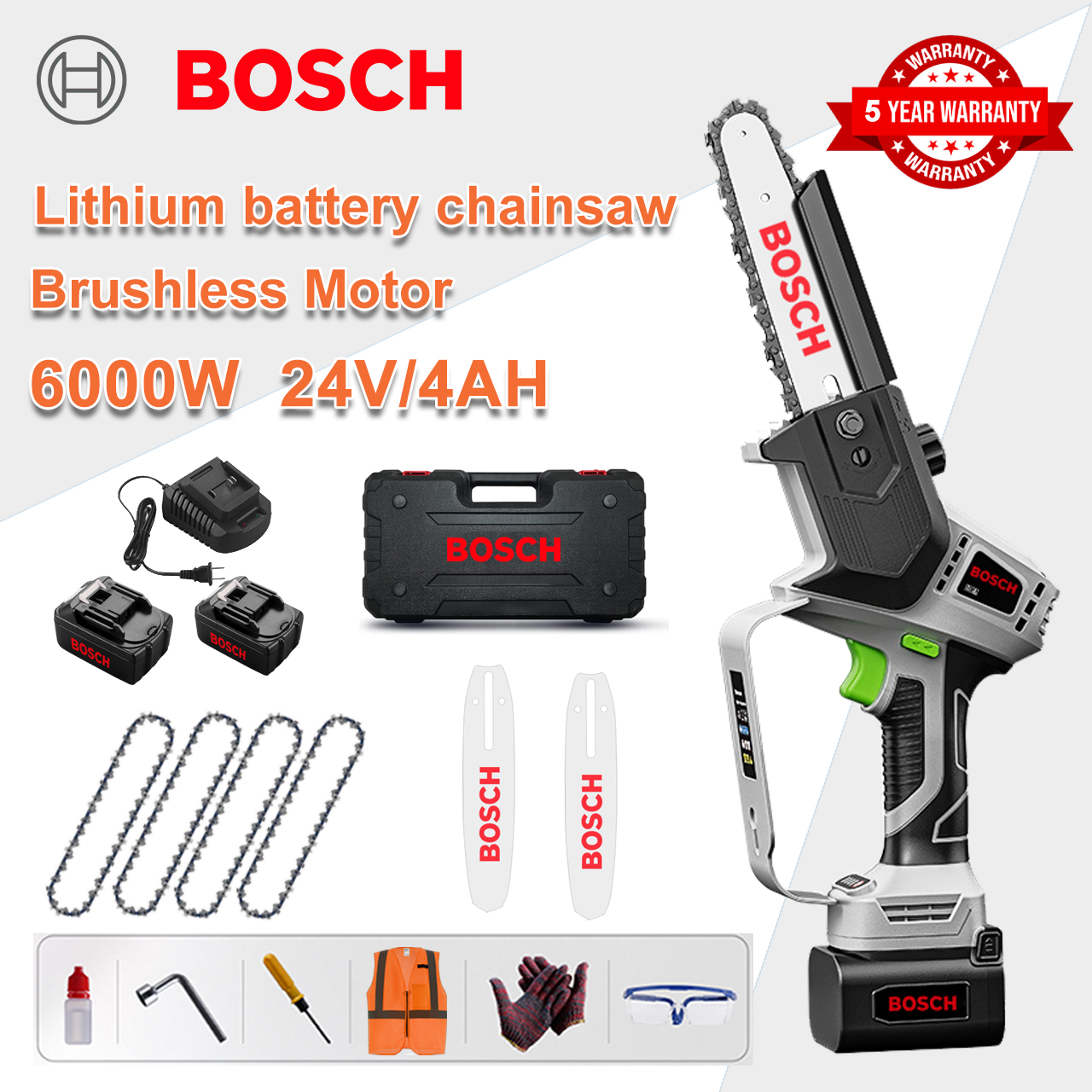 [Modelo normal/Garantía de 5 años] Motosierra eléctrica de litio de 8 pulgadas y 6000 W, 2 baterías de 24 V, cargador, 2 placas guía, 4 cadenas, caja de herramientas, lubricante y gafas de seguridad.