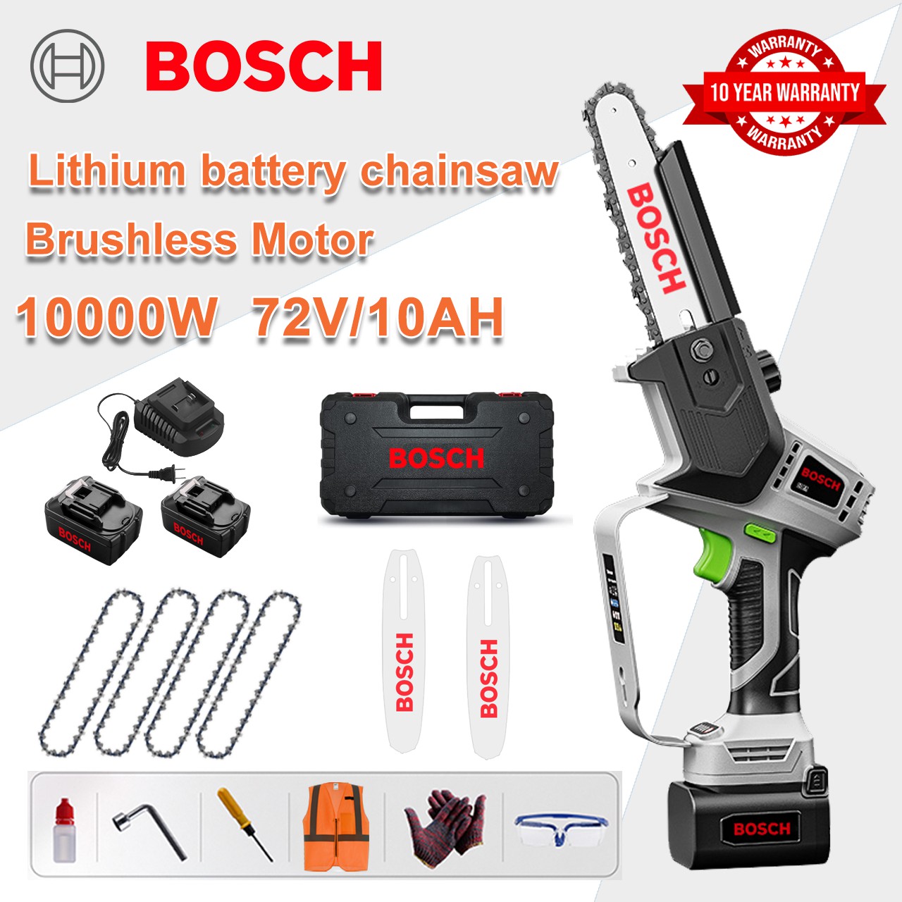 [Versión extendida/10 años de garantía] Motosierra eléctrica de litio de 10 pulgadas y 10 000 W, 2 baterías de 72 V, cargador, 2 hojas guía, 4 cadenas, caja de herramientas, lubricante y gafas protectoras, potente motor para un corte de piedra eficiente.